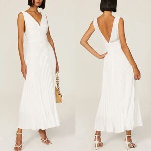 TOME Midi Dress Women 8 White Pleated Sleeveless V-Neck Lined